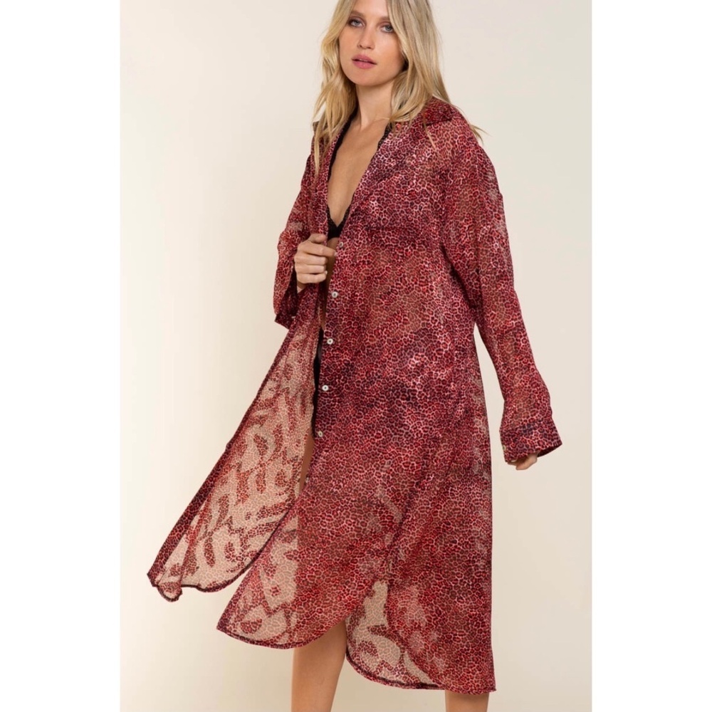 POL Red Leopard Long Sleeve Button Down Maxi Shirt - Picture 2 of 6